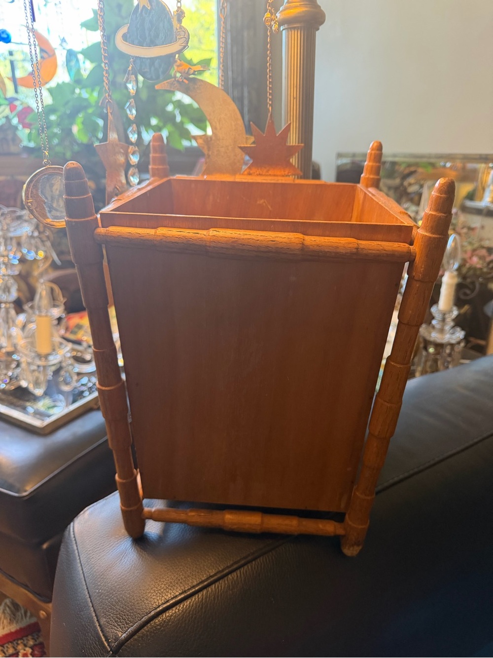 Vintage MCM Solid Wood Small Trash Bin With Stand Removable Bin Turned Spindles